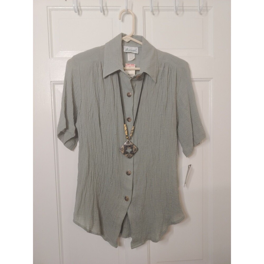 NWT VTG Joanna US Made Blouse Top Womens Green Button Up Crinkle Stretch Small